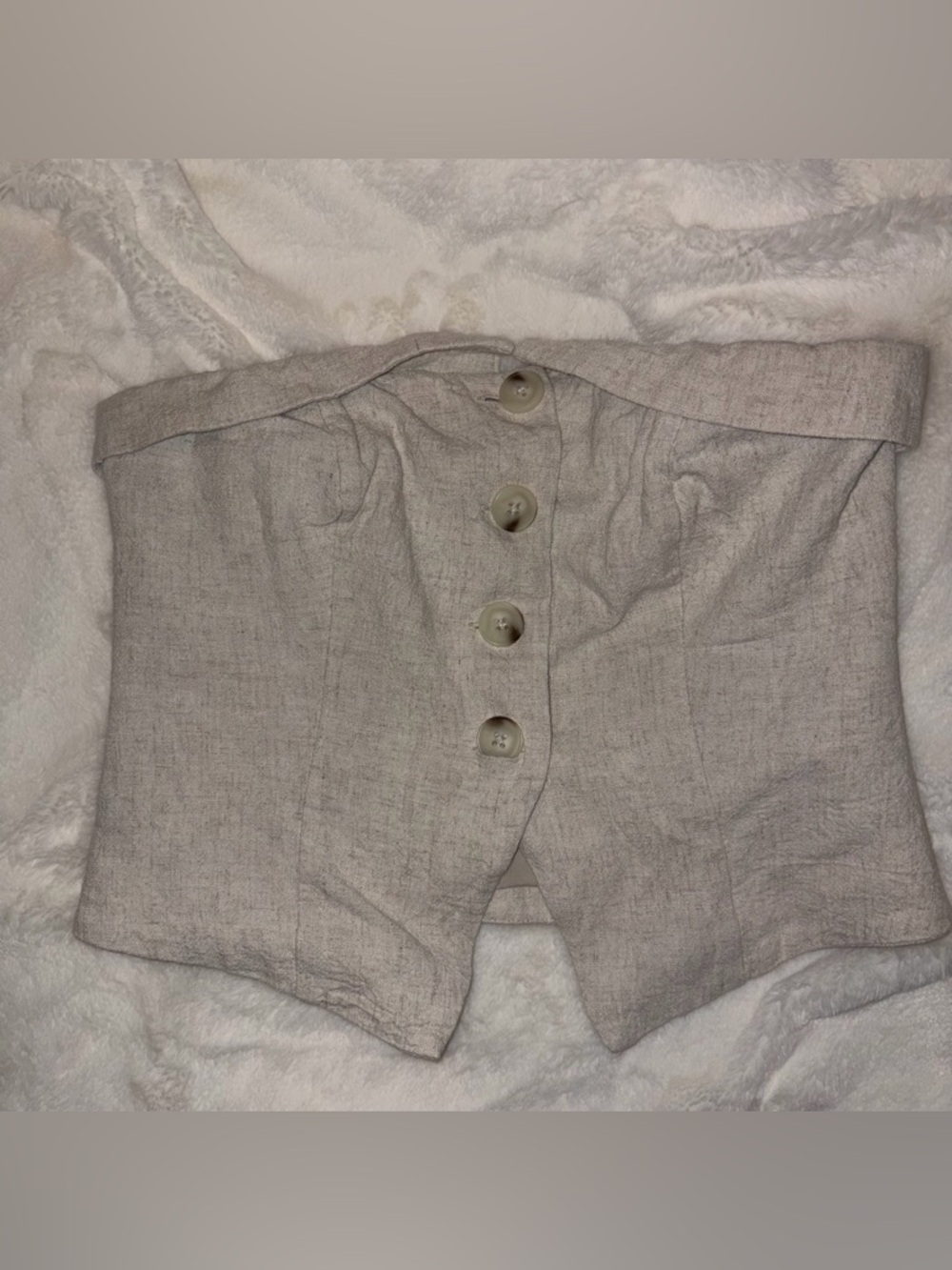 Neutral Linen-Look Strapless Button Tube Top